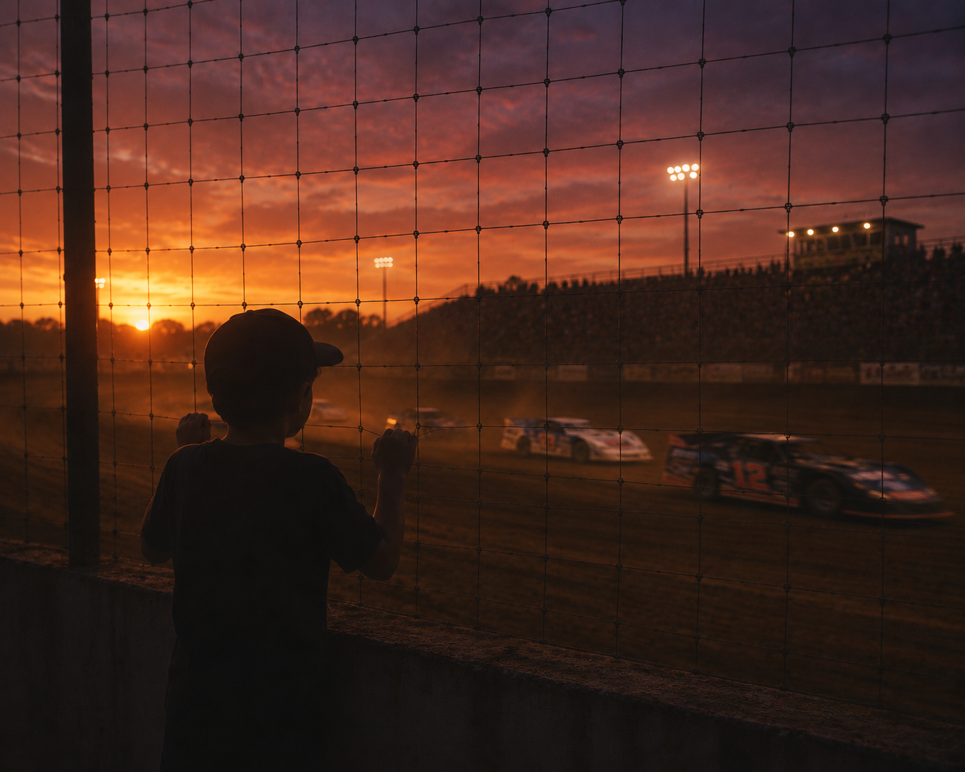 Young fan watching dirt track racing at sunset